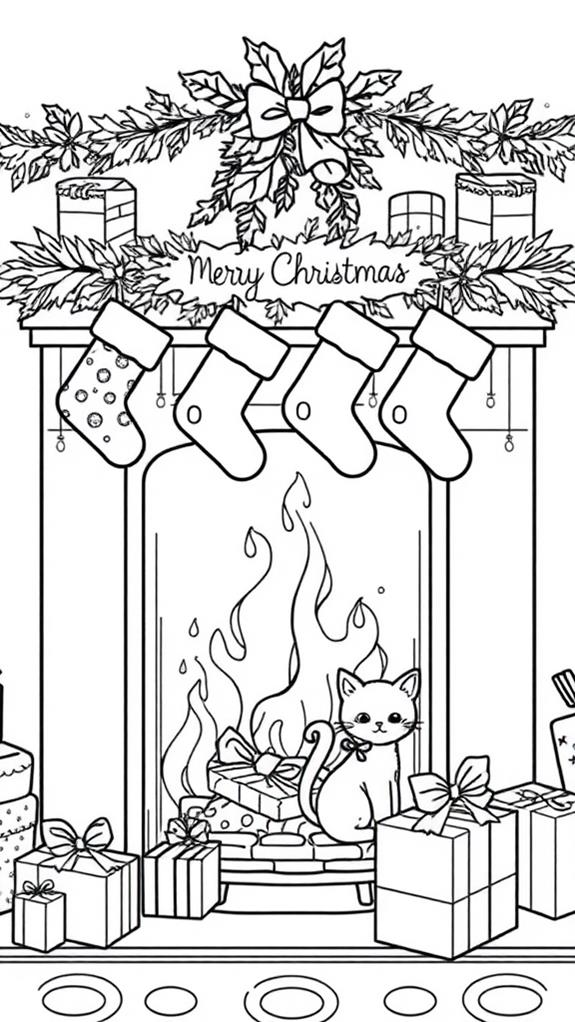 festive fireplace coloring page