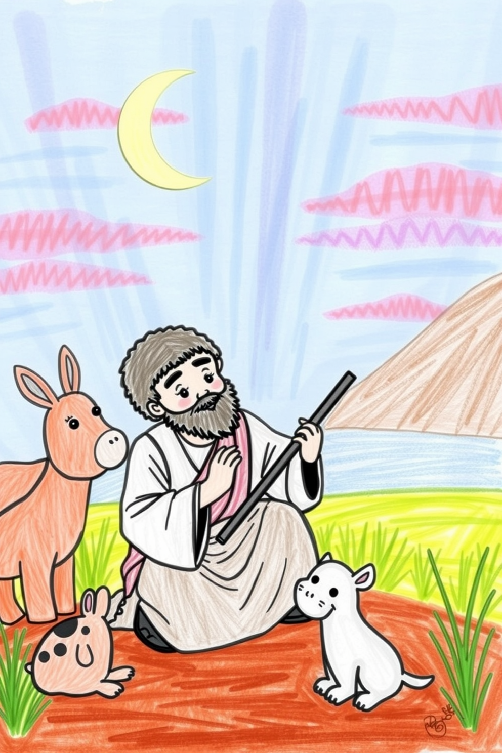 Baby Moses Playing with Animals Drawing