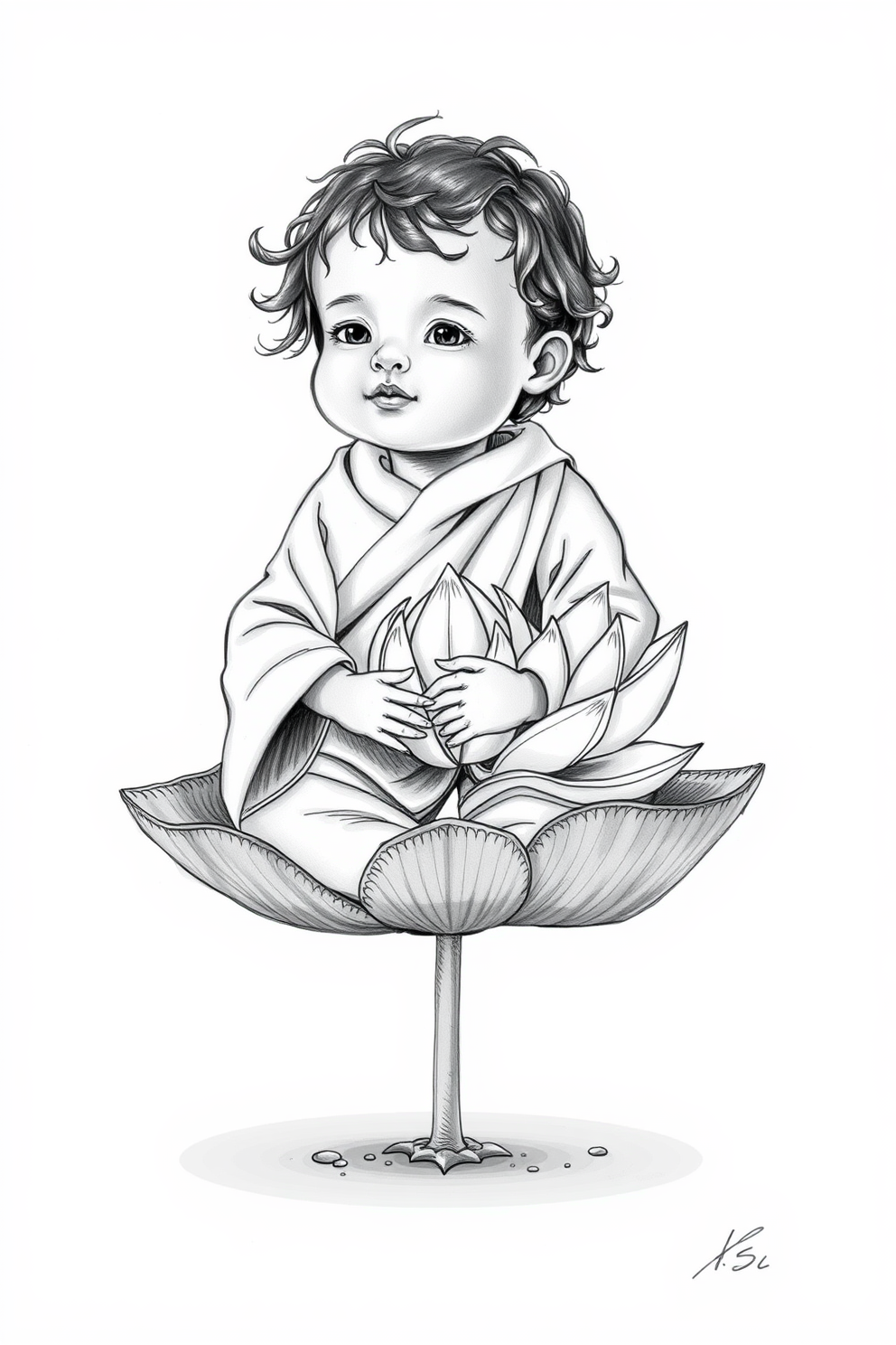 Baby Moses with a Floating Lotus Drawing