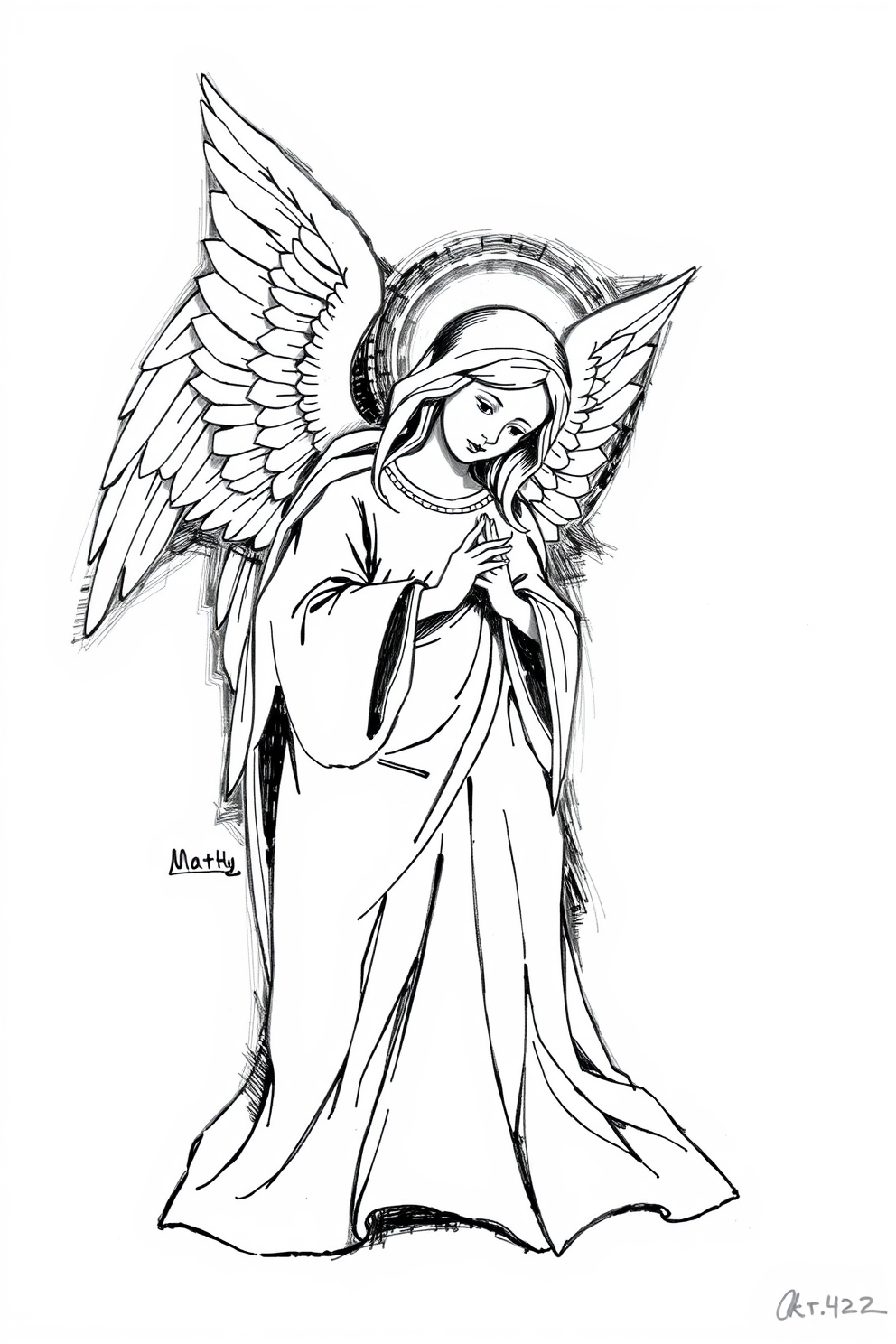 Black and White Angel Visit Mary Drawing