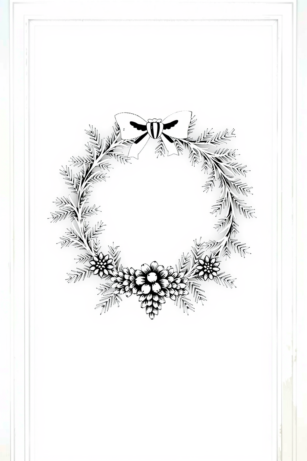 Black and White Christmas Wreath Drawing with Pinecones