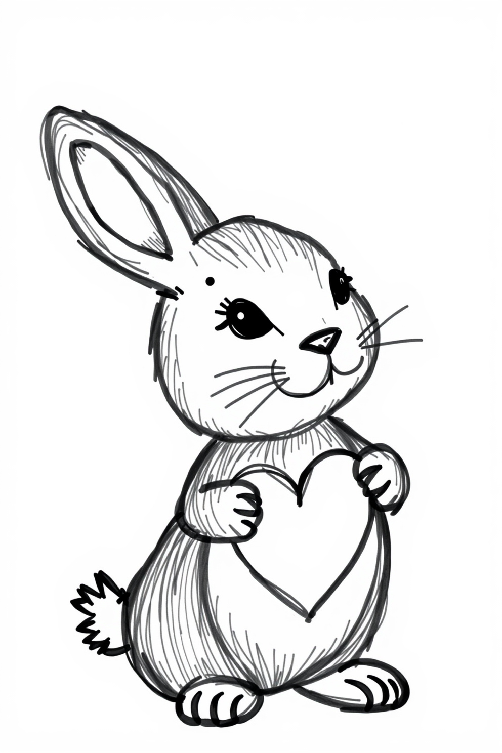 Black and White Easter Bunny with a Heart Drawing