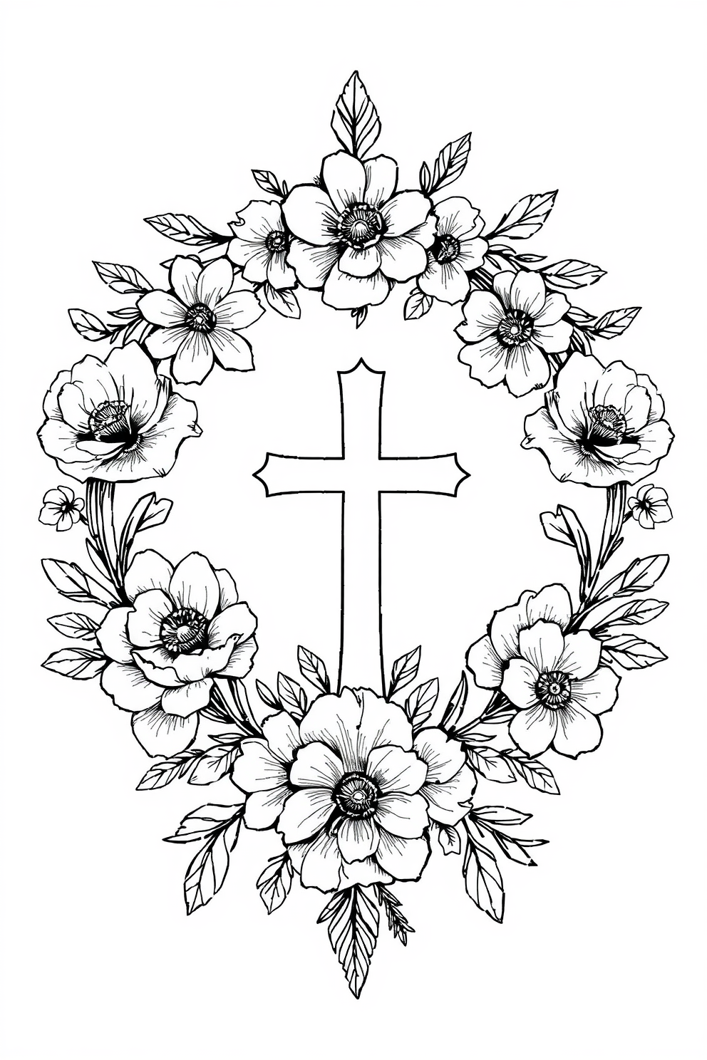 Black and White Floral Wreath with Cross Drawing