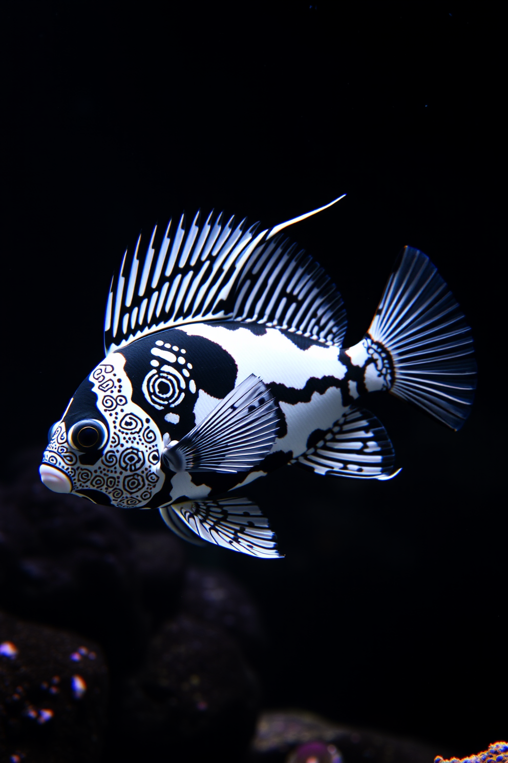 Black and White Ichthys with Geometric Patterns