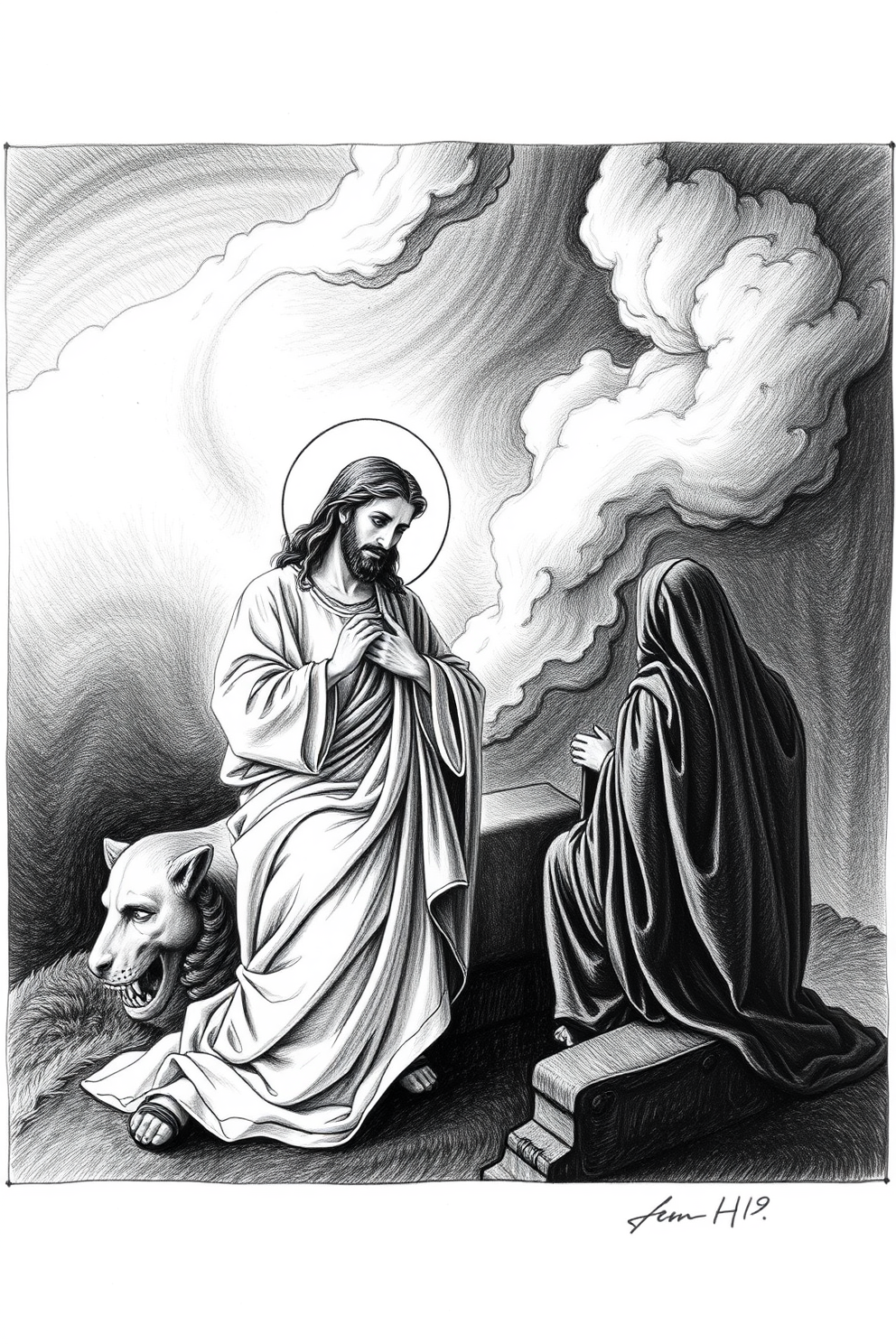 Black and White Jesus Calms the Storm Drawing
