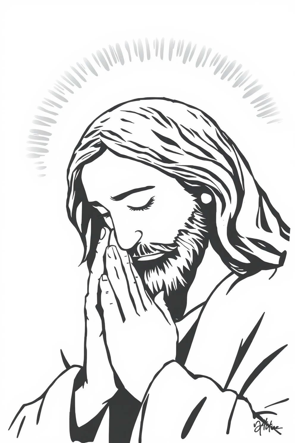 Black and White Jesus Praying Portrait Drawing