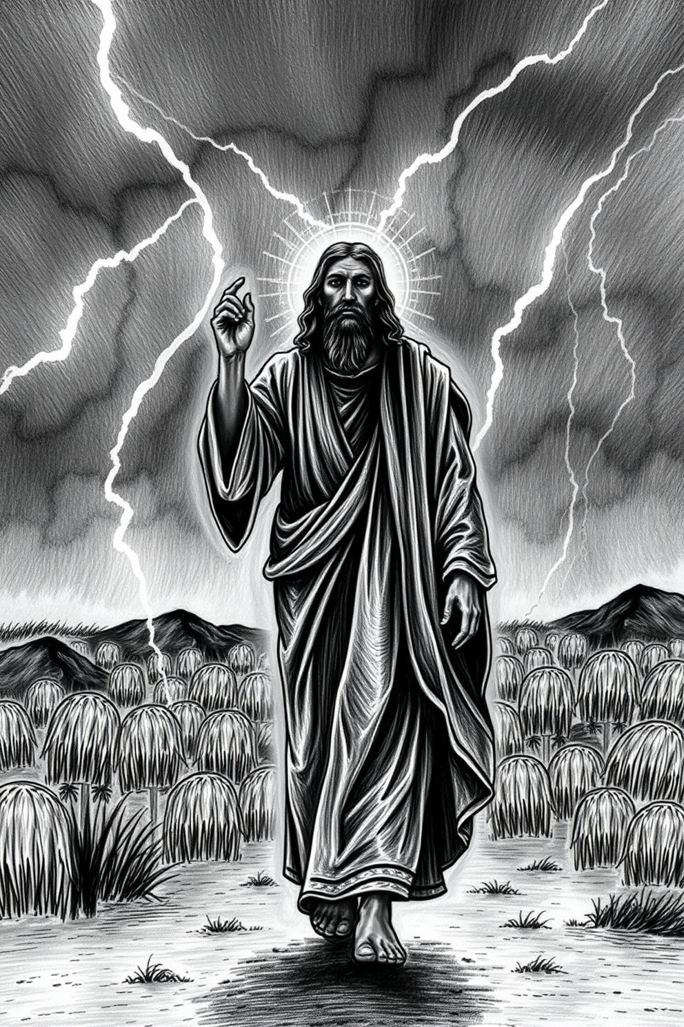 Black and White Jesus Walking in Storm Drawing