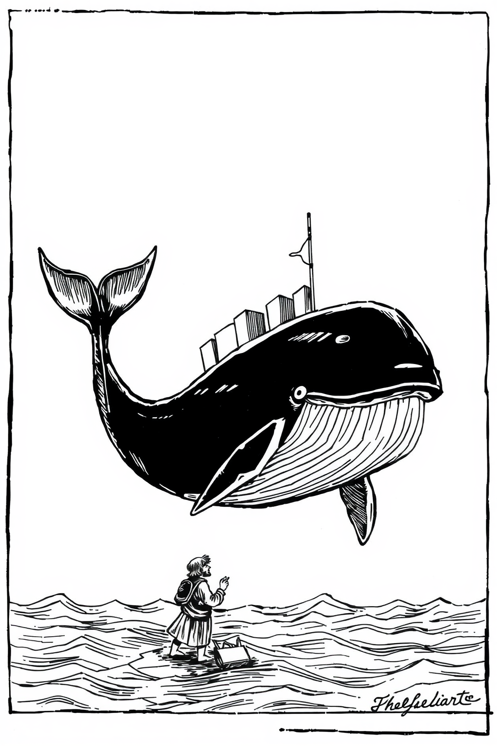 Black and White Jonah and the Whale Drawing