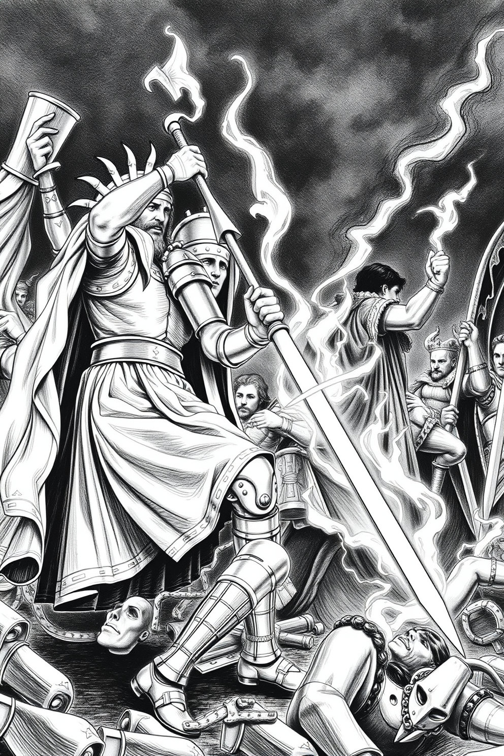 Black and White King David in Battle Drawing