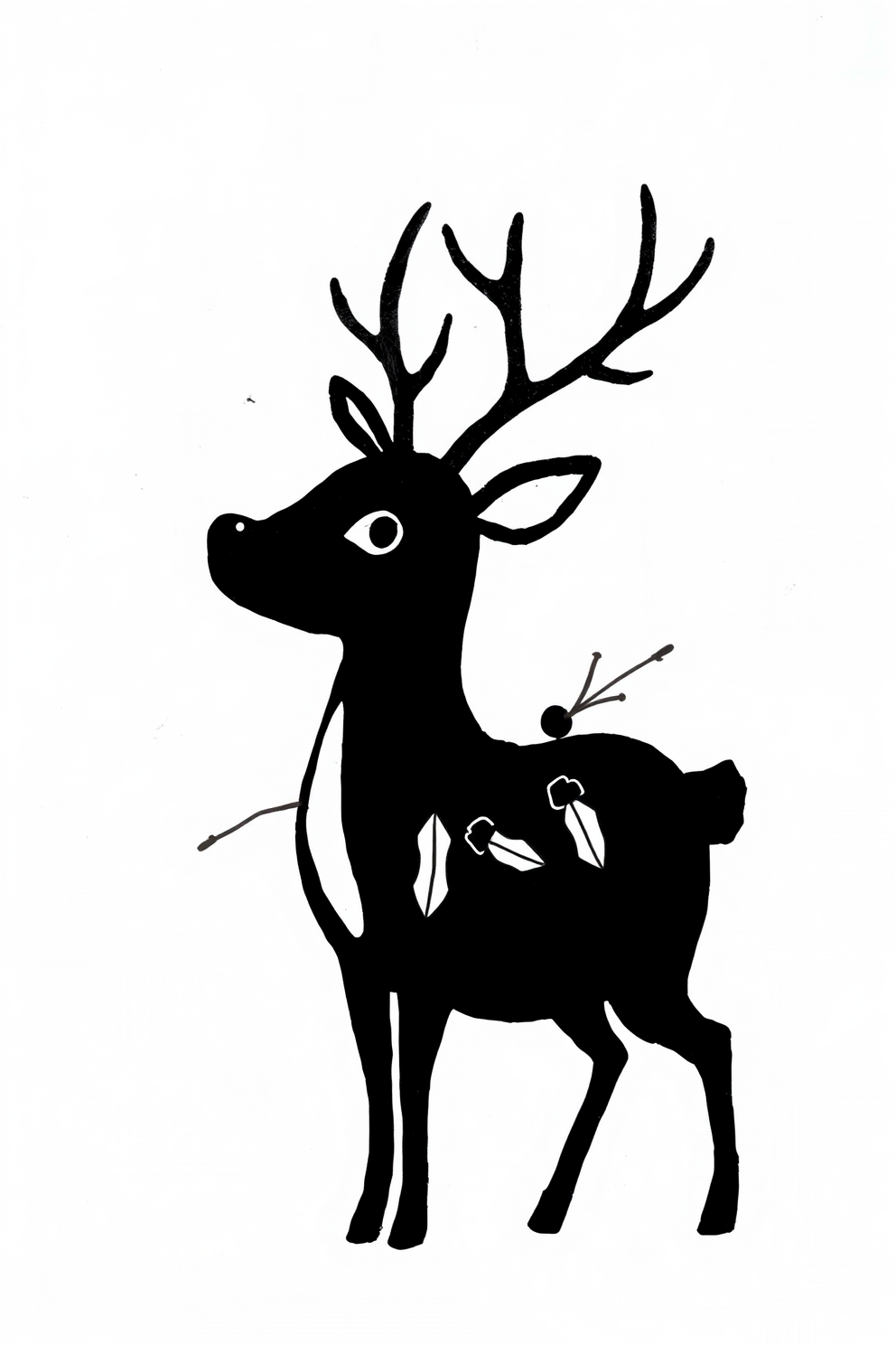 Black and White Reindeer with Holly Leaves Drawing