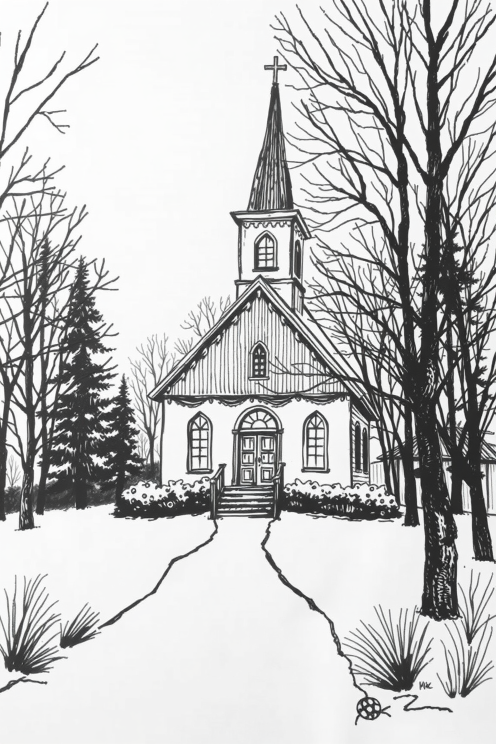 Black and White Sketch of a Cozy Church in Winter Drawing