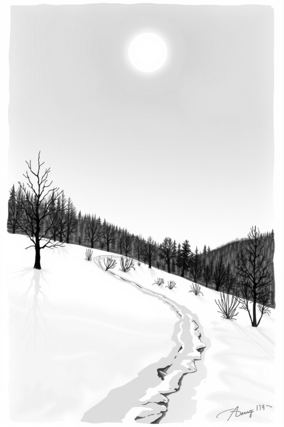 Black and White Winter Landscape with Halo Drawing
