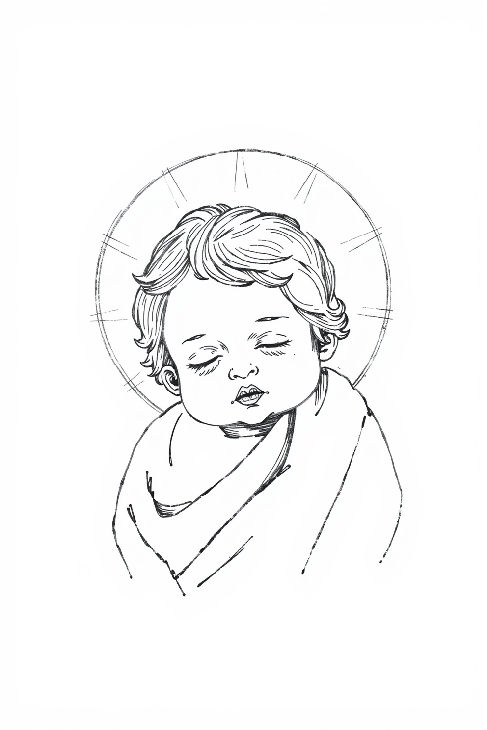 Black and white Baby Jesus in a halo drawing