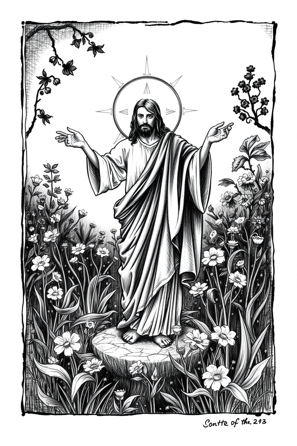 Black and white Jesus in a garden drawing