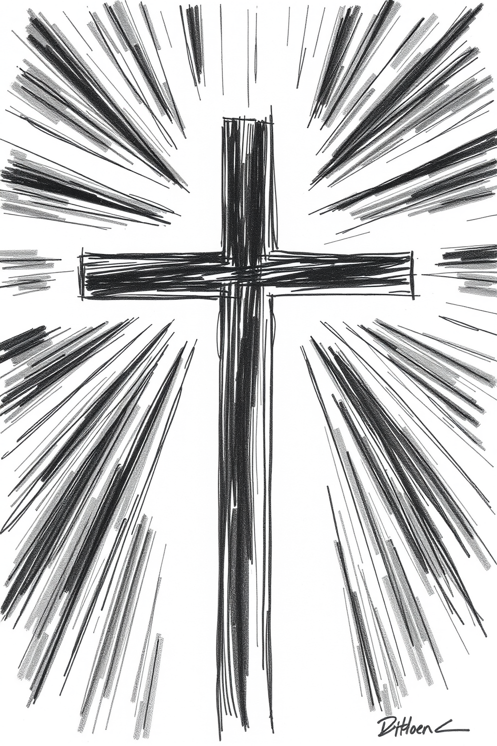 Black and white cross sketch drawing