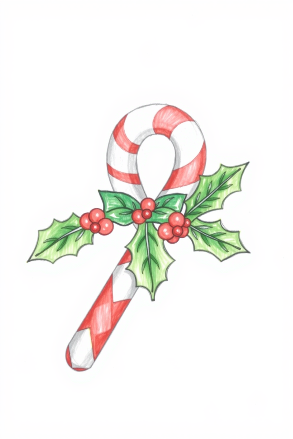 Candy Cane with Holly Leaves Drawing