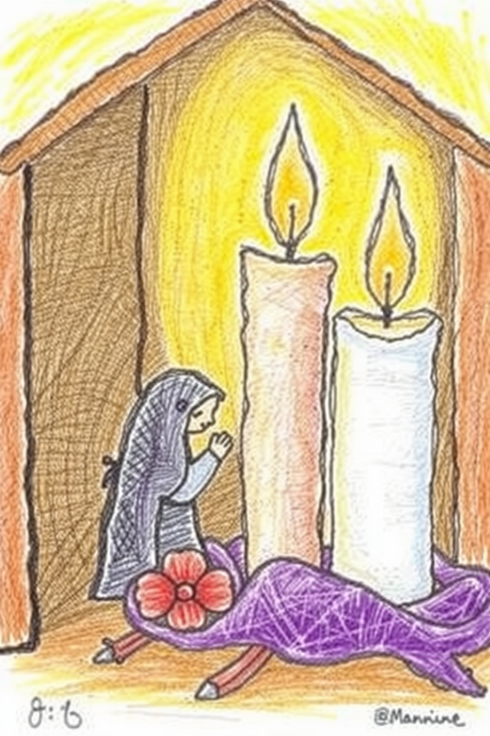 Color Pencil Advent Candle Drawing in a Nativity Scene