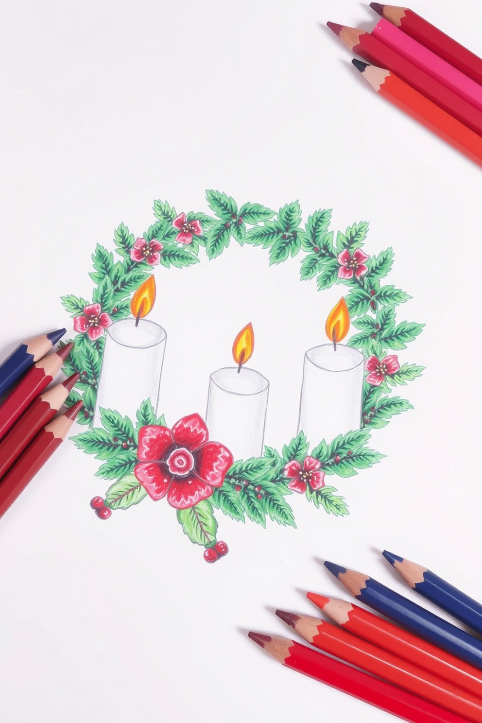 Color Pencil Advent Wreath Drawing