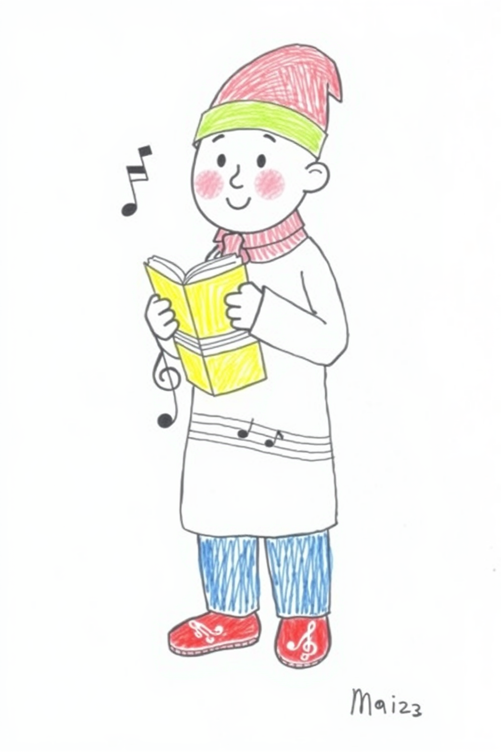 Color Pencil Caroler with Music Notes Drawing