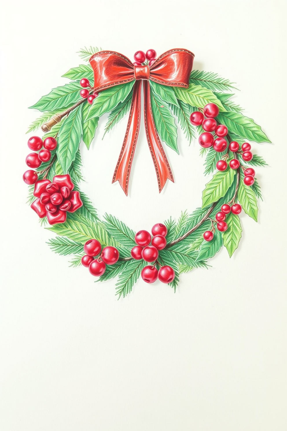 Color Pencil Christmas Wreath Drawing with Natural Elements