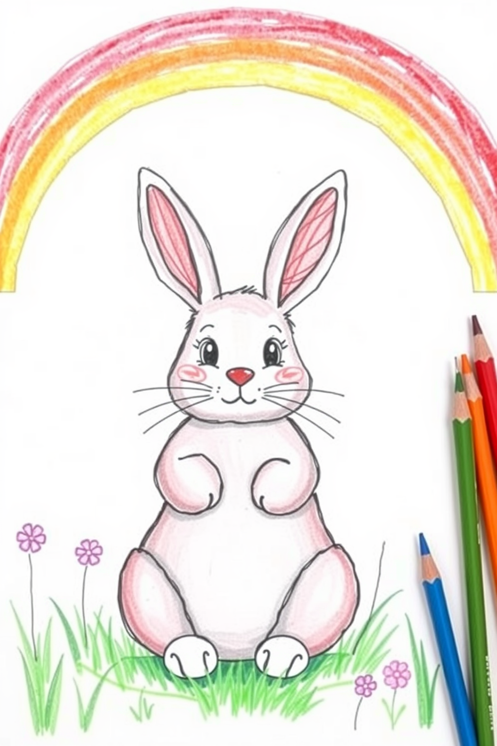 Color Pencil Easter Bunny Under a Rainbow Drawing