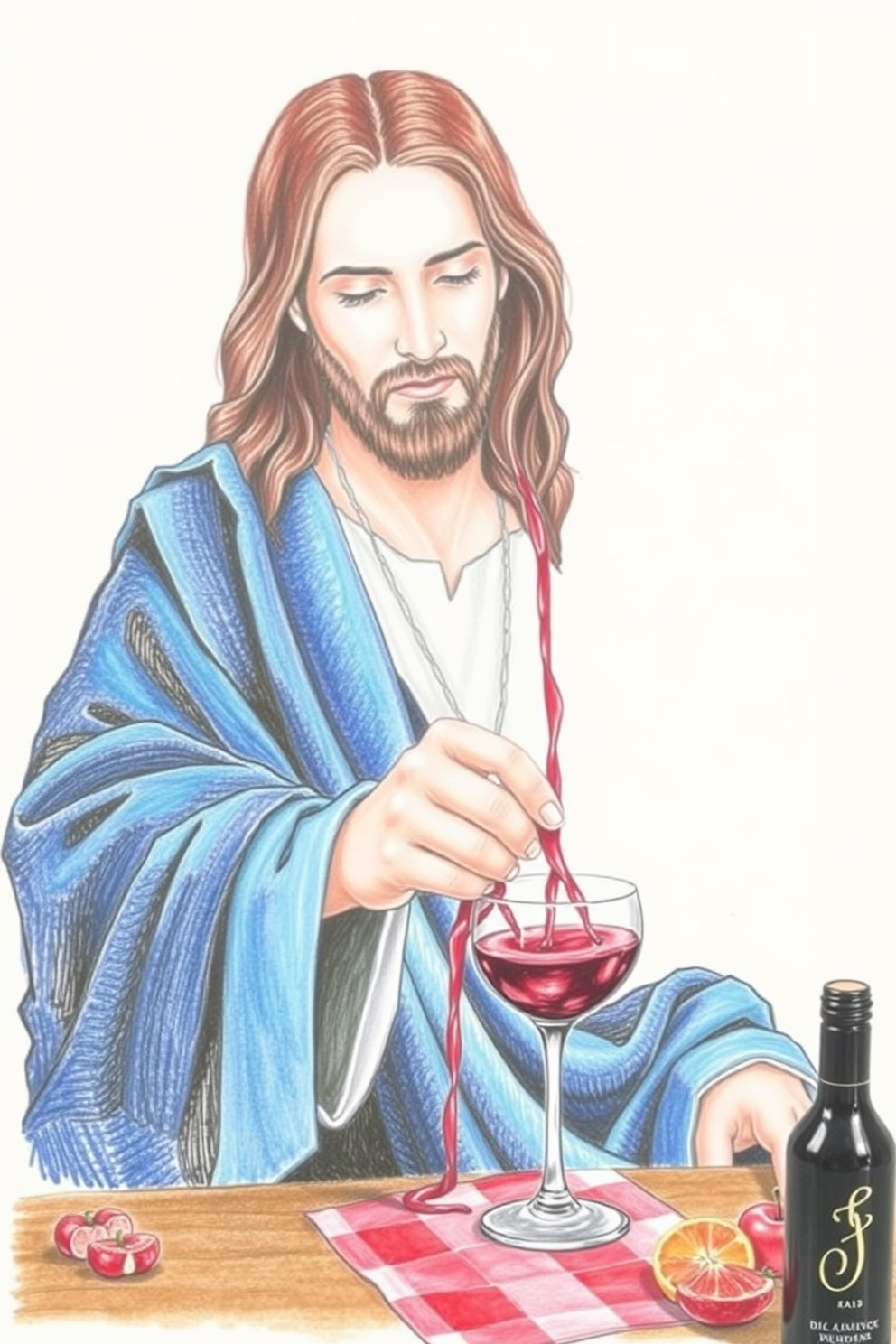 Color Pencil Jesus Turns Water into Wine Drawing
