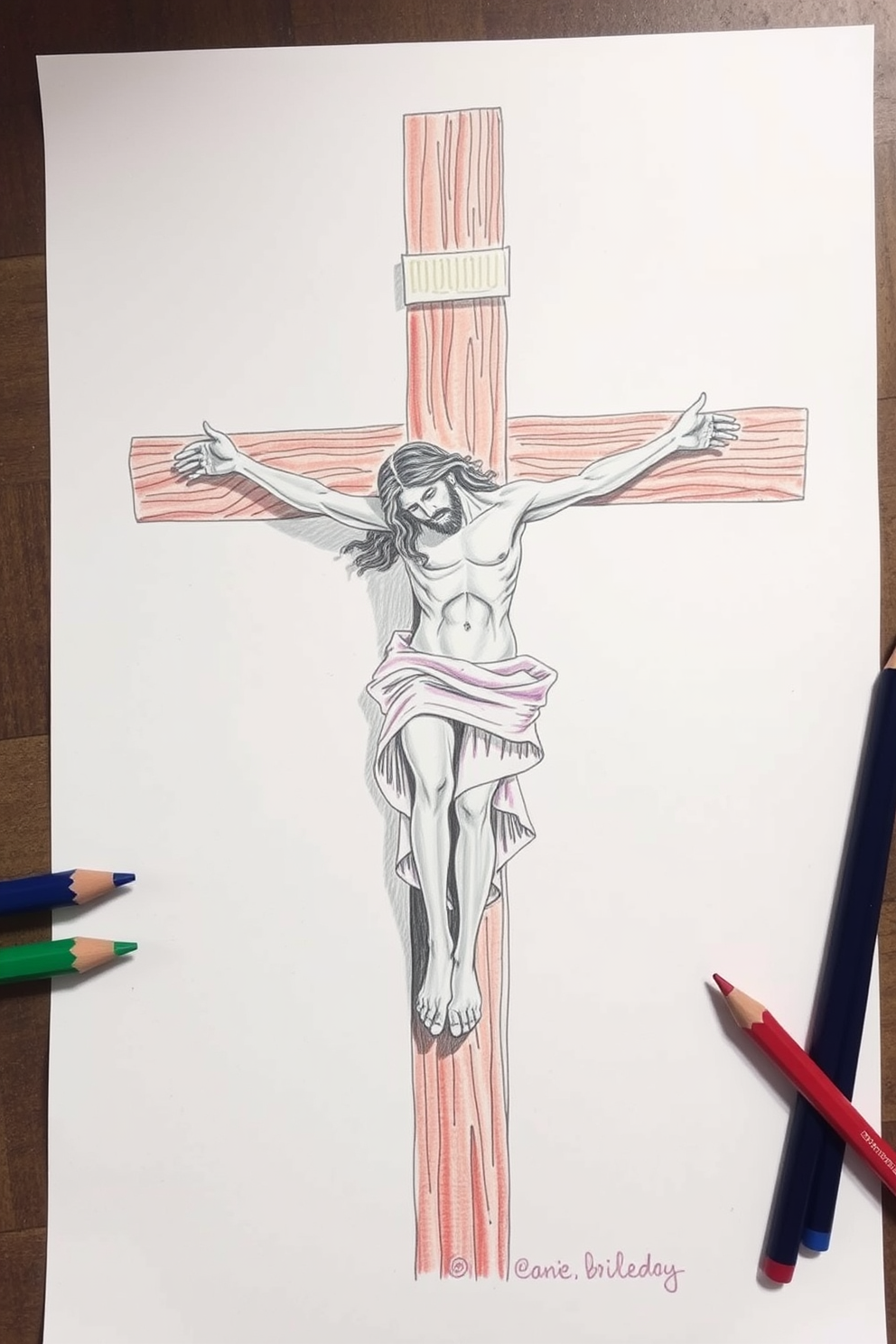 Color Pencil Jesus on the Cross Drawing