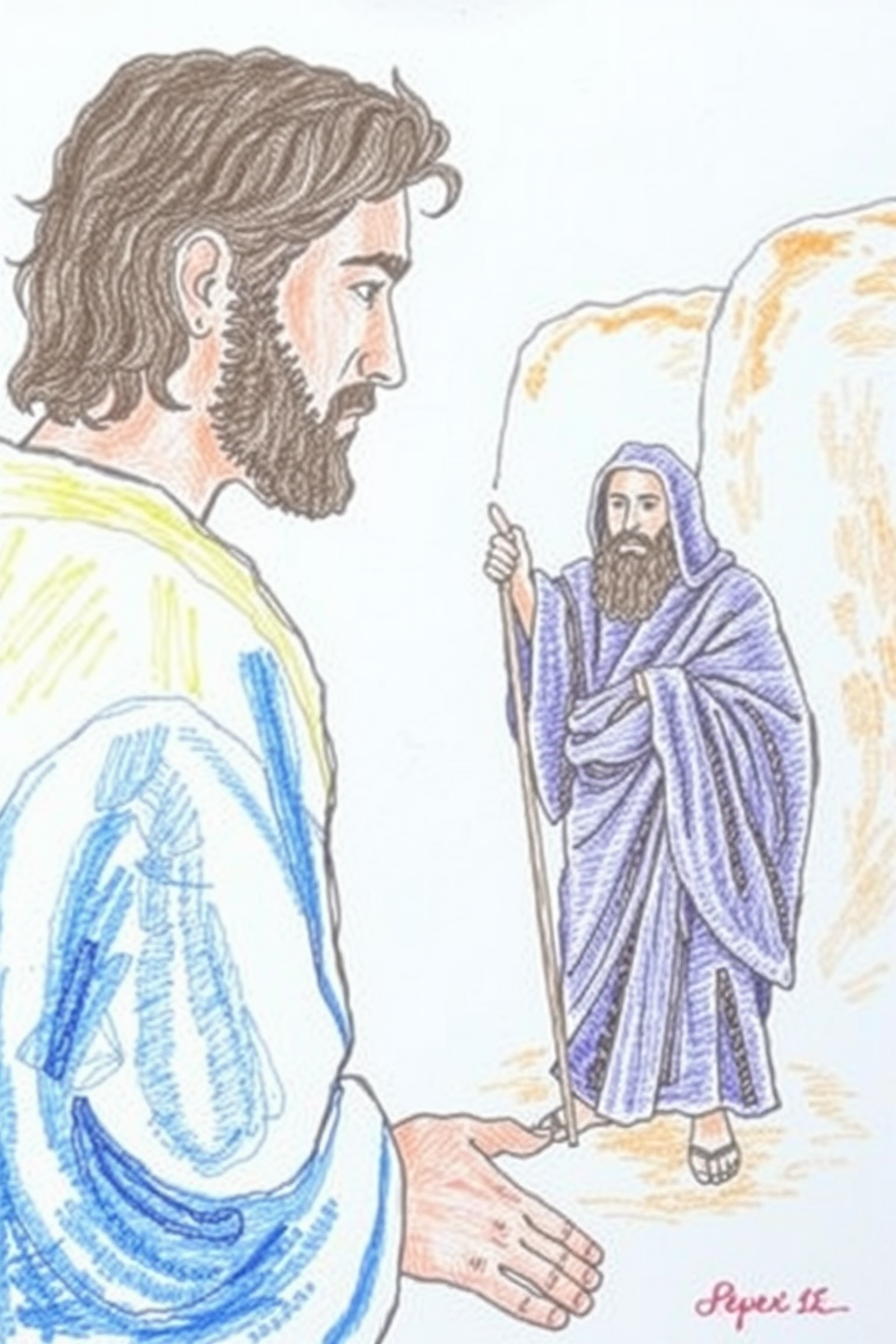 Color pencil Peter denies Jesus drawing