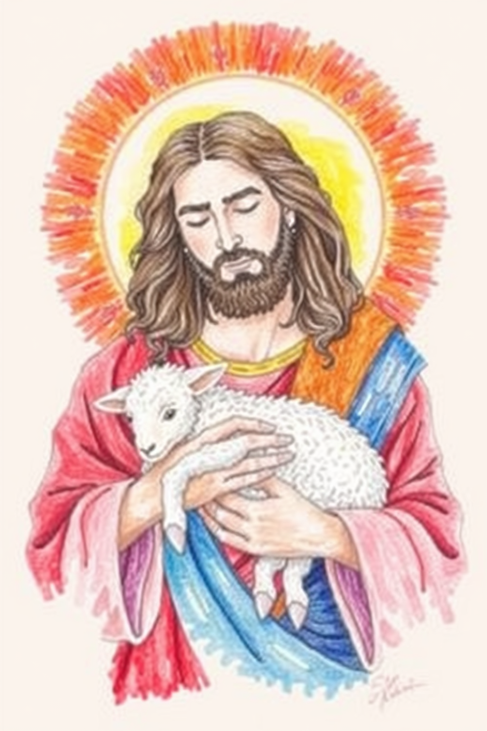 Color pencil drawing of Jesus holding a lamb