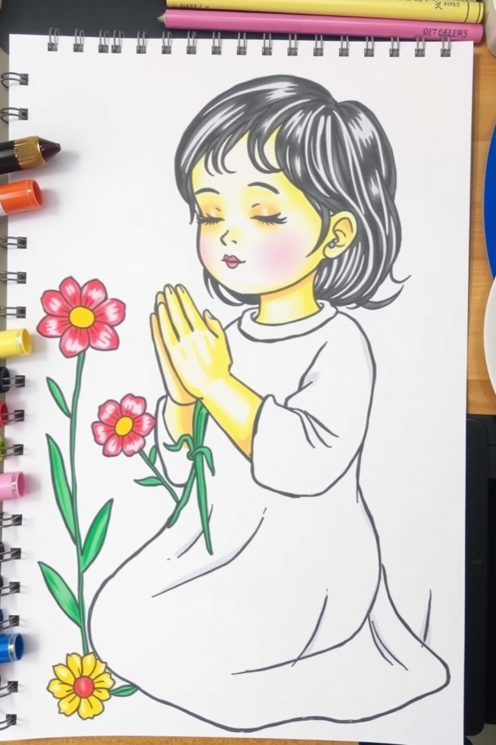 Colorful Child Praying with Flowers Drawing