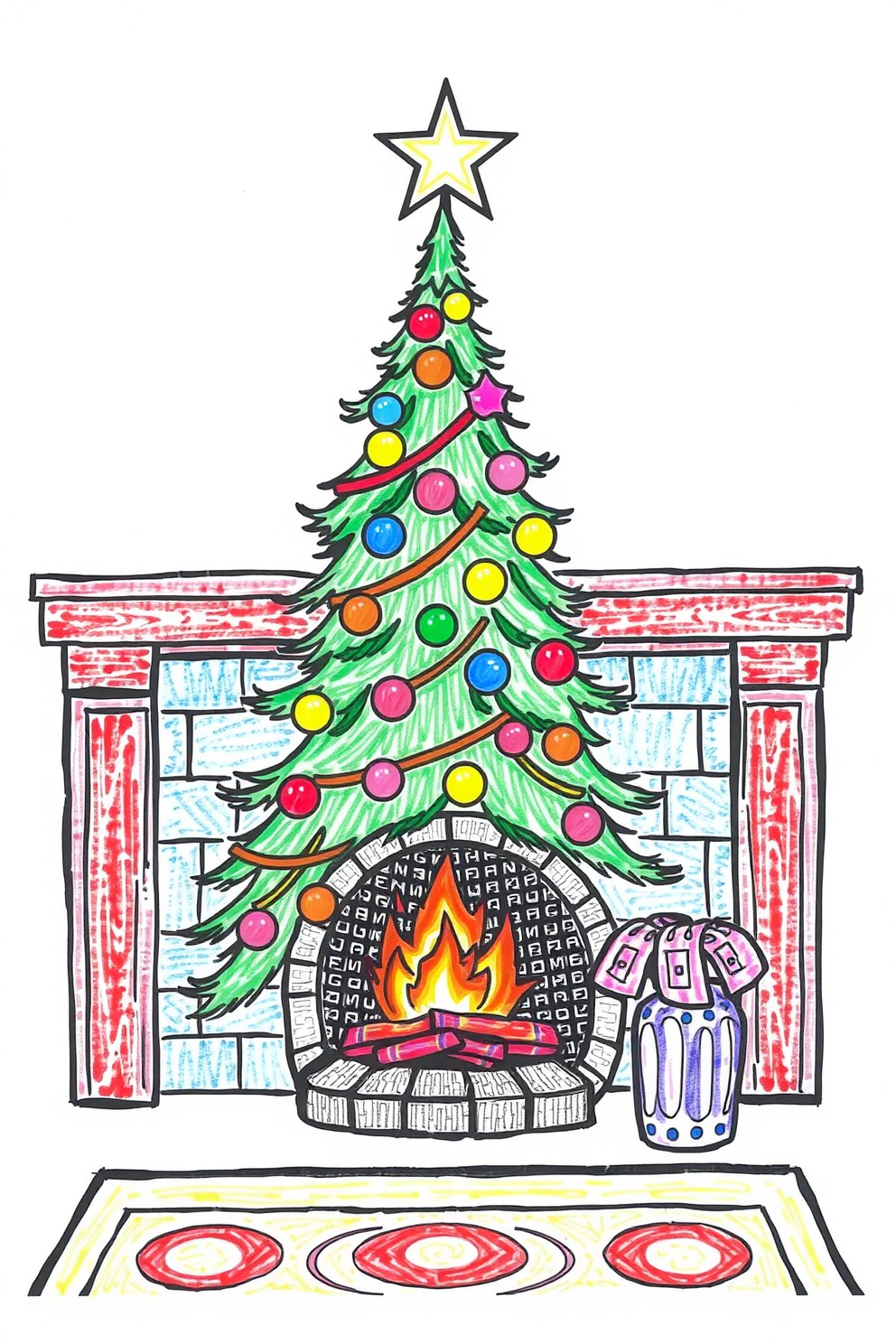 Colorful Christmas Tree with Fireplace Drawing