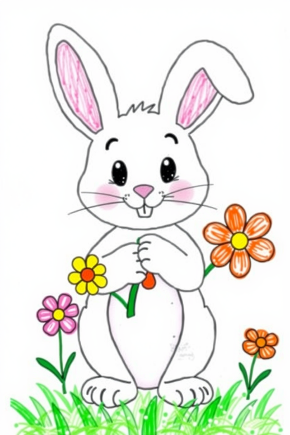 Colorful Easter Bunny Holding Flowers Drawing
