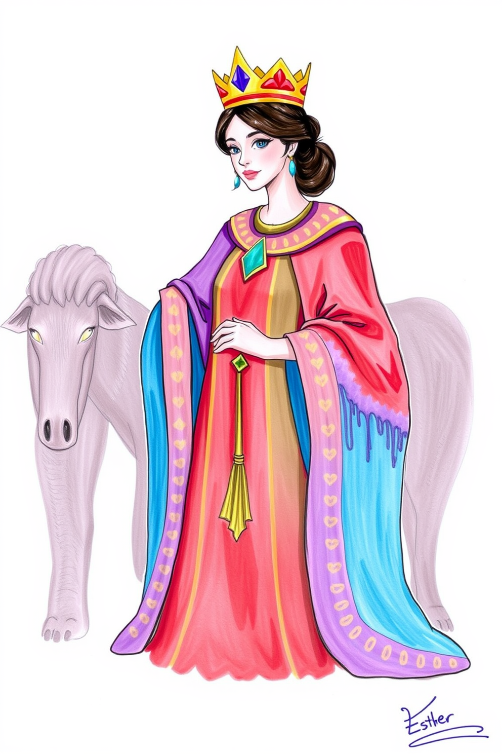 Colorful Esther in a Royal Robe Drawing
