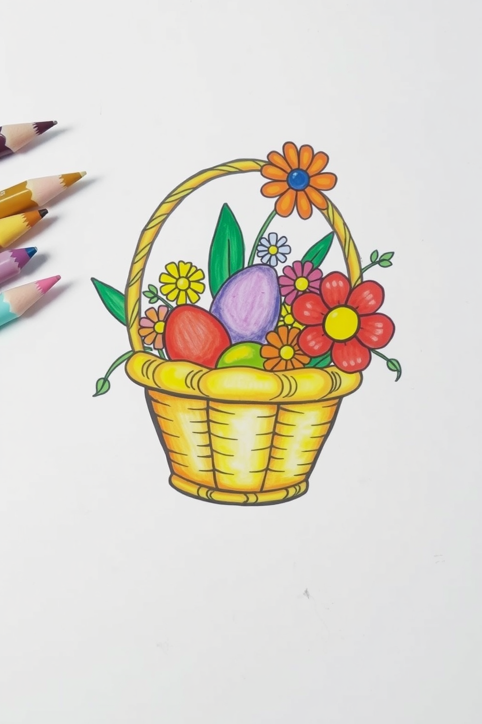 Colorful Flower Basket with Eggs Drawing