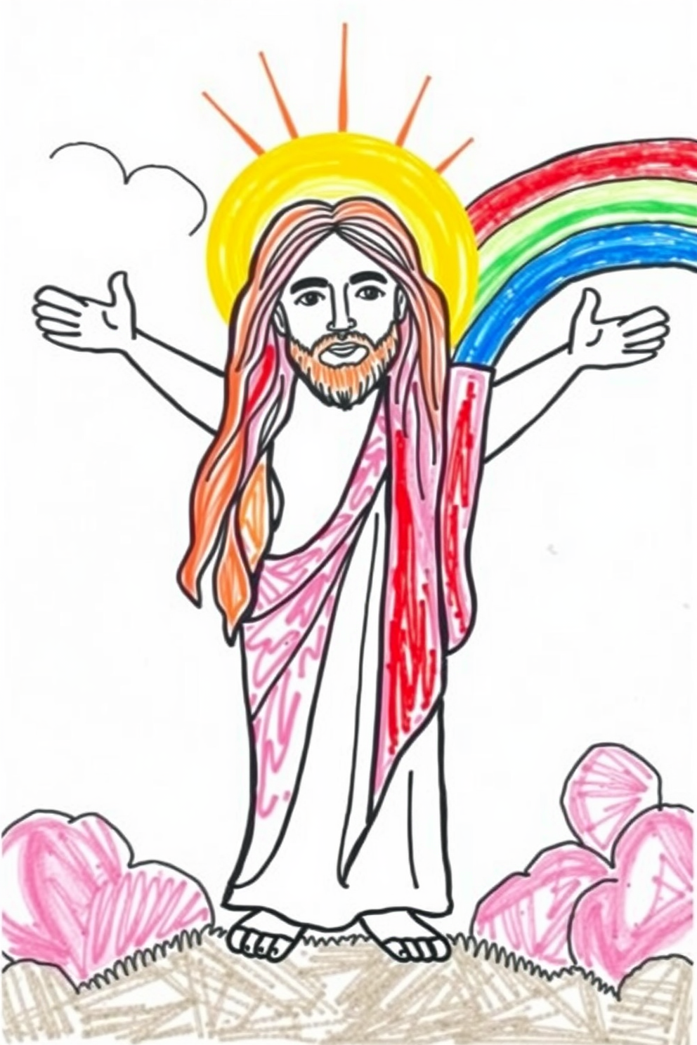 Colorful Jesus drawing with a rainbow