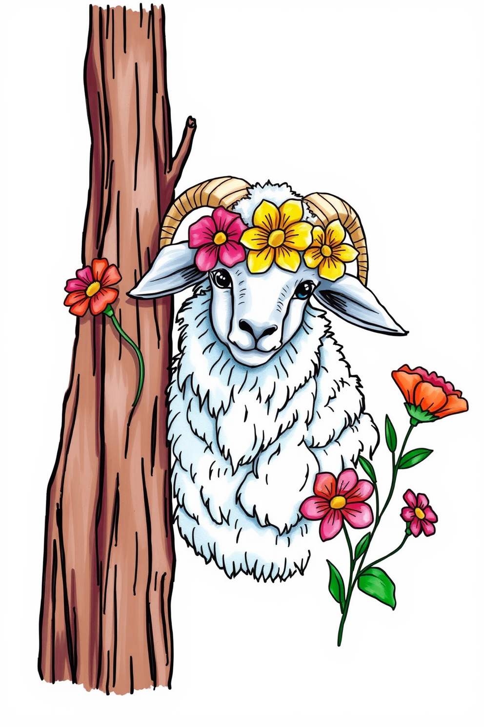 Colorful Lamb of God with Flowers Drawing