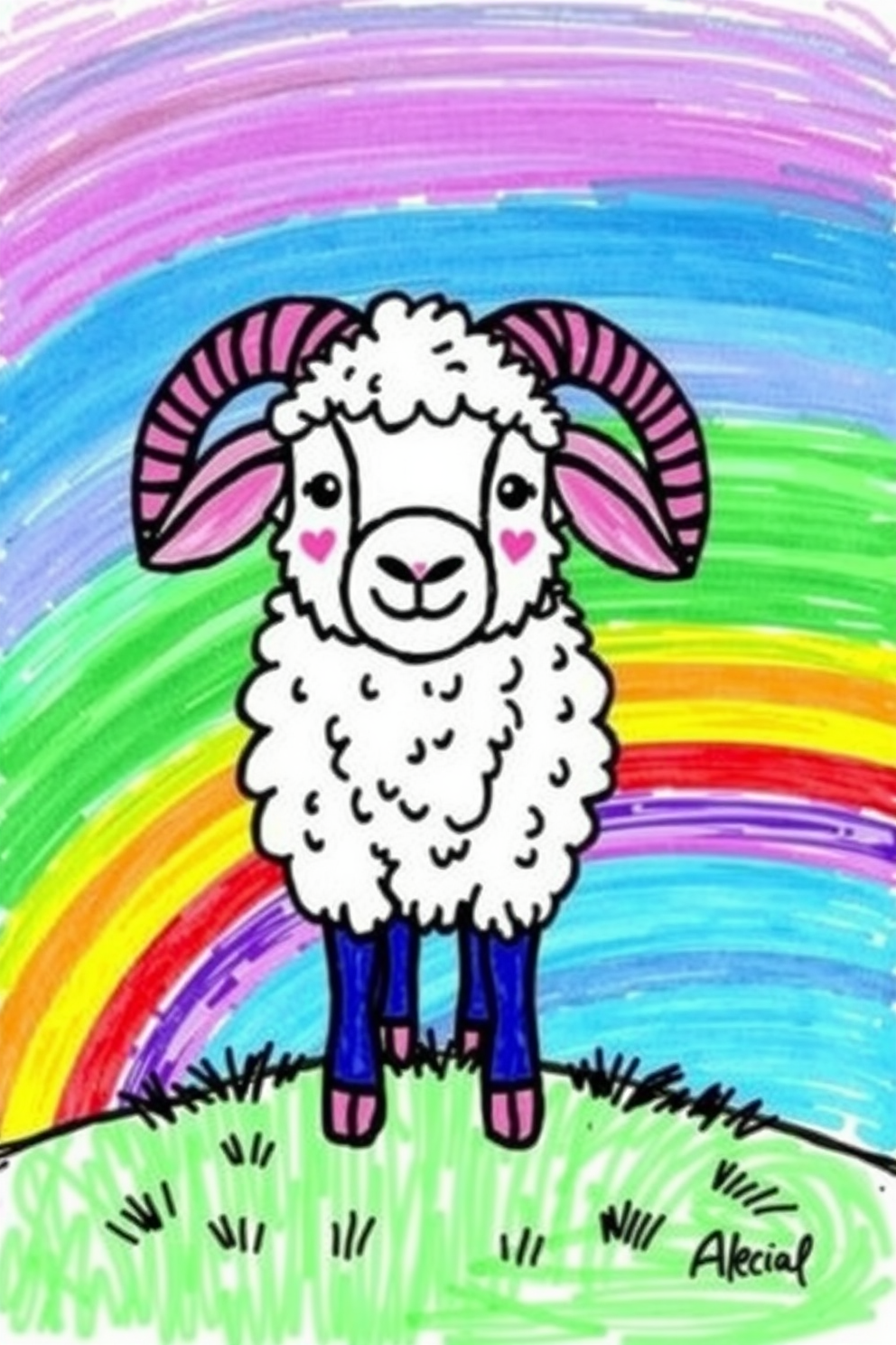 Colorful Lost Sheep with a Rainbow Background Drawing