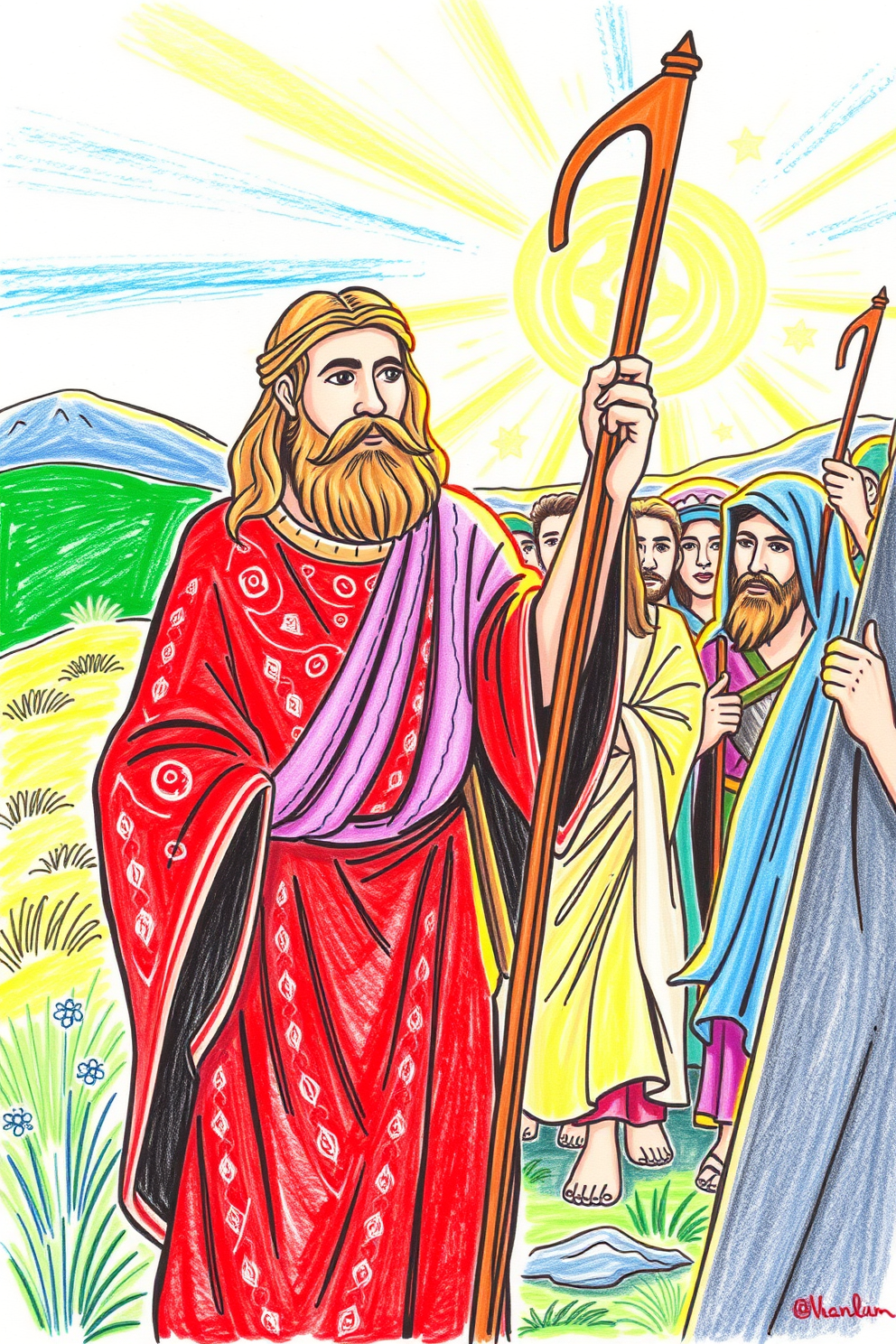Colorful Scene of Moses Leading the Israelites Drawing