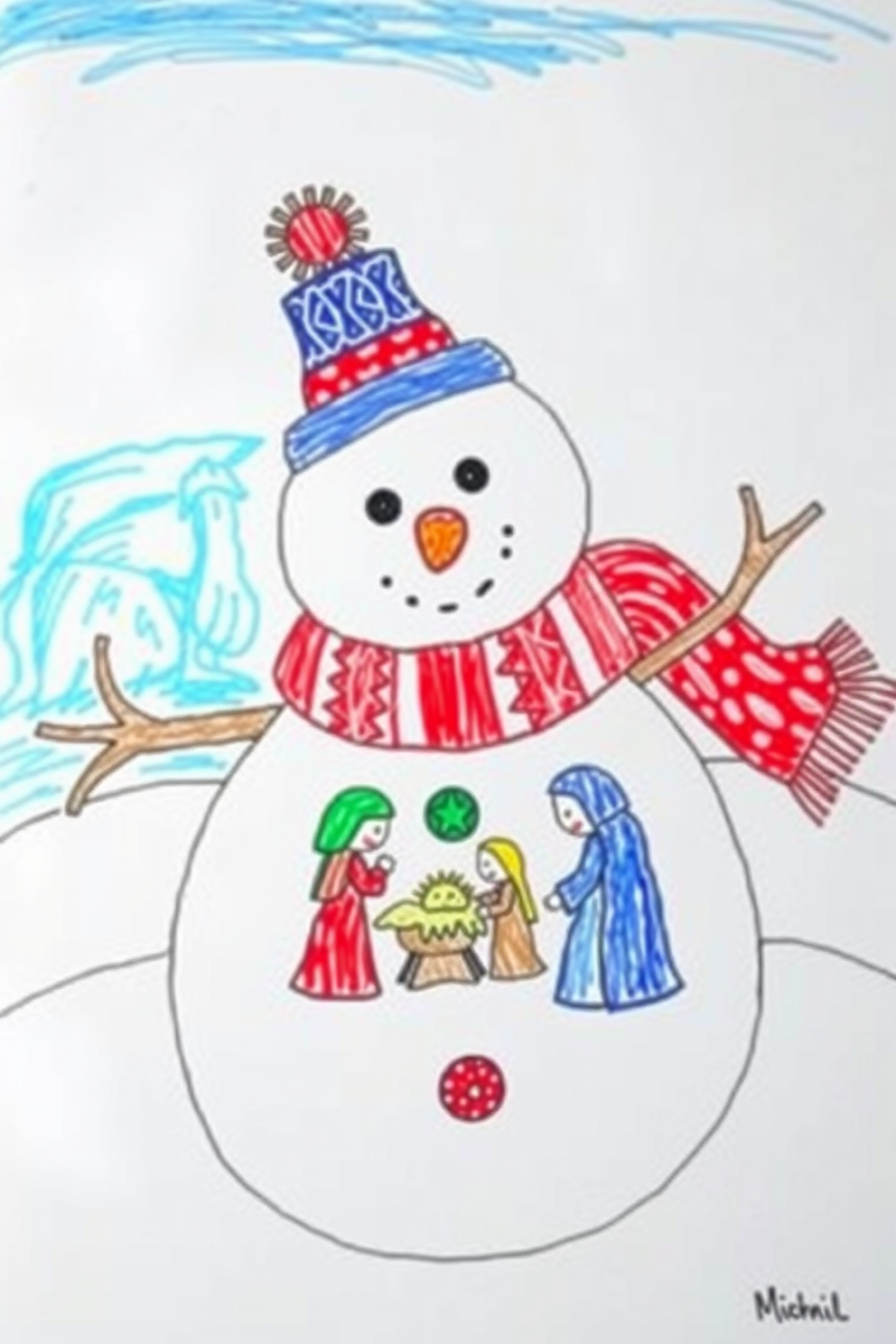 Colorful Snowman with Nativity Scene Drawing