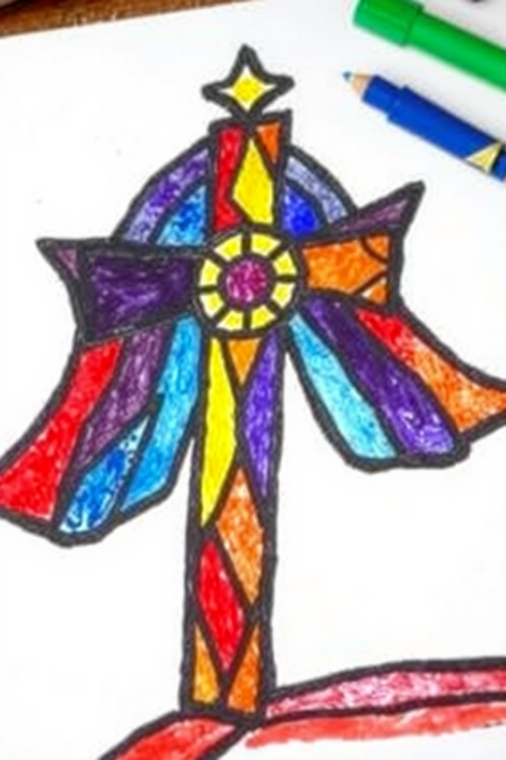 Colorful Stained Glass Cross Drawing