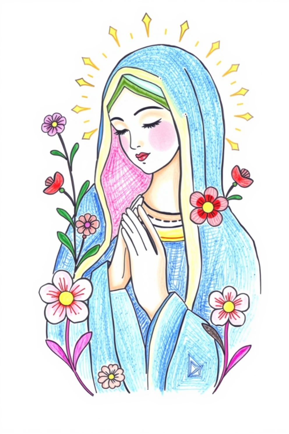 Colorful Virgin Mary with flowers drawing