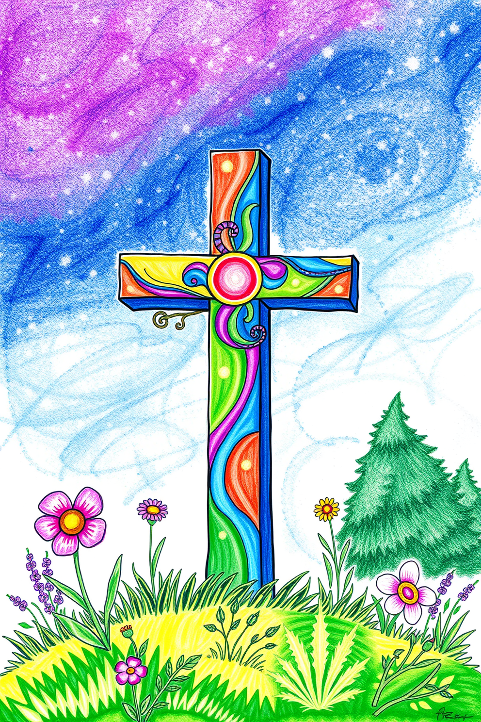 Colorful cross in nature drawing