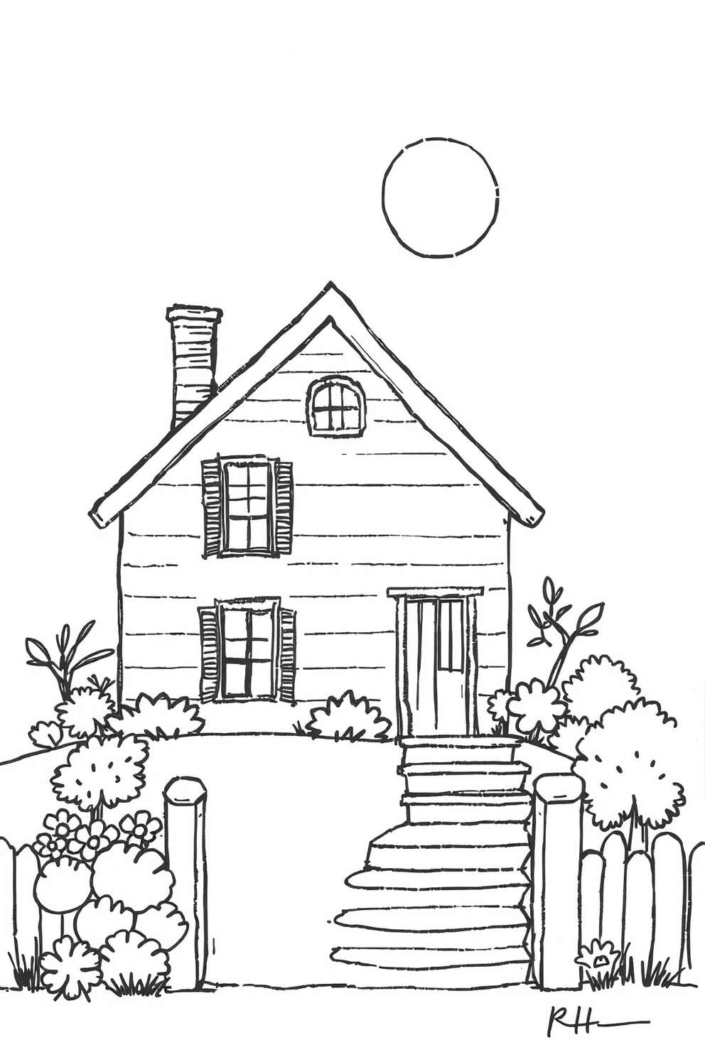 Covet drawing - black and white line of a house with a dream bubble
