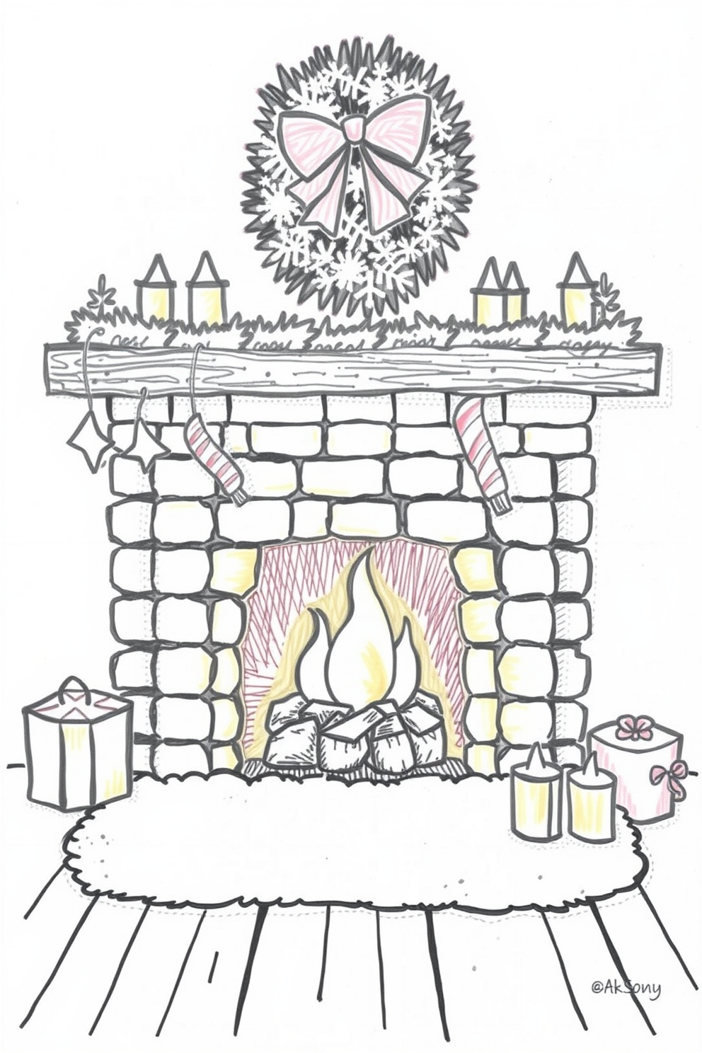 Cozy Christmas Fireplace Drawing
