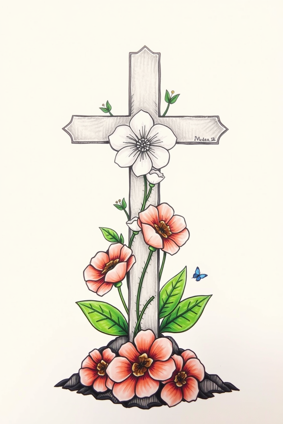 Cross with Flowers Drawing