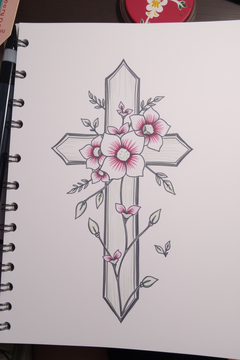 Cute cross with flowers drawing