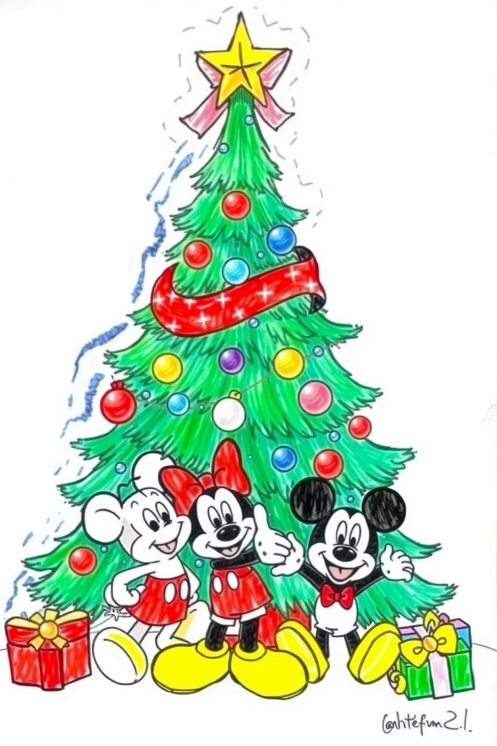 Disney Christmas Tree with Mickey and Friends Drawing