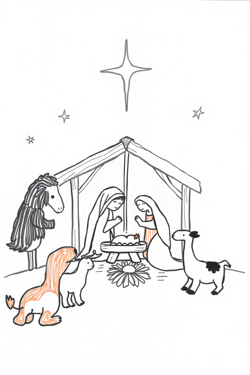 Doodle Nativity Scene with Animals Drawing
