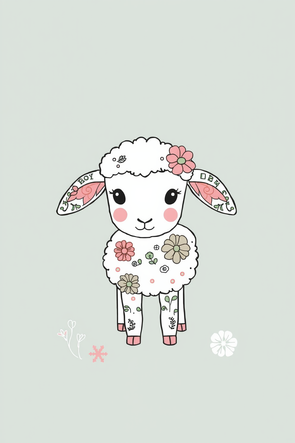 Doodle Style Lamb with Floral Patterns Drawing