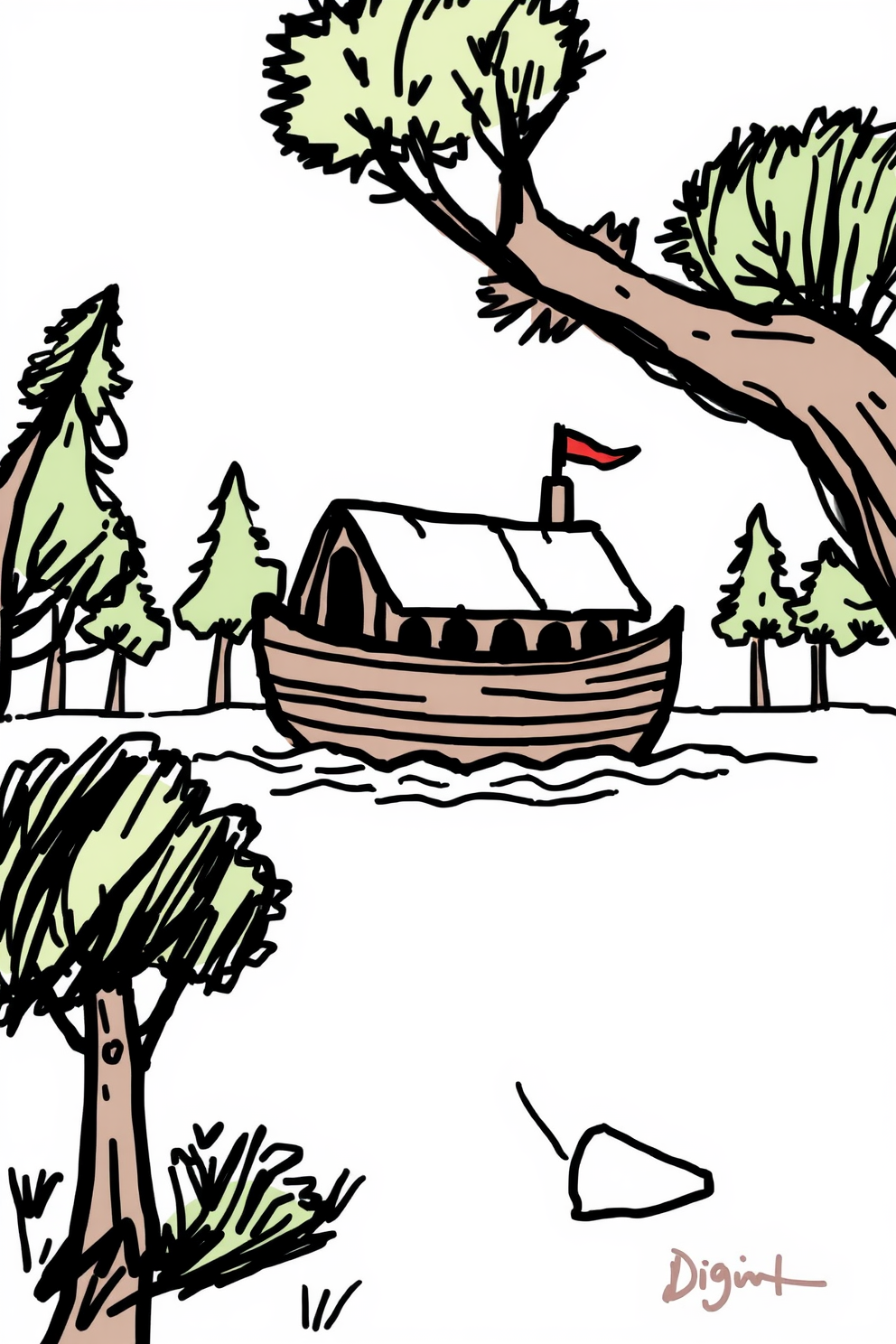 Doodle of Noah's Ark Surrounded by Trees Drawing
